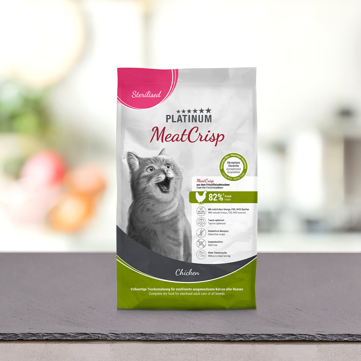 Vrečka PLATINUM MeatCrisp Sterilised Chicken 1,5 kg, suha hrana za mačke
