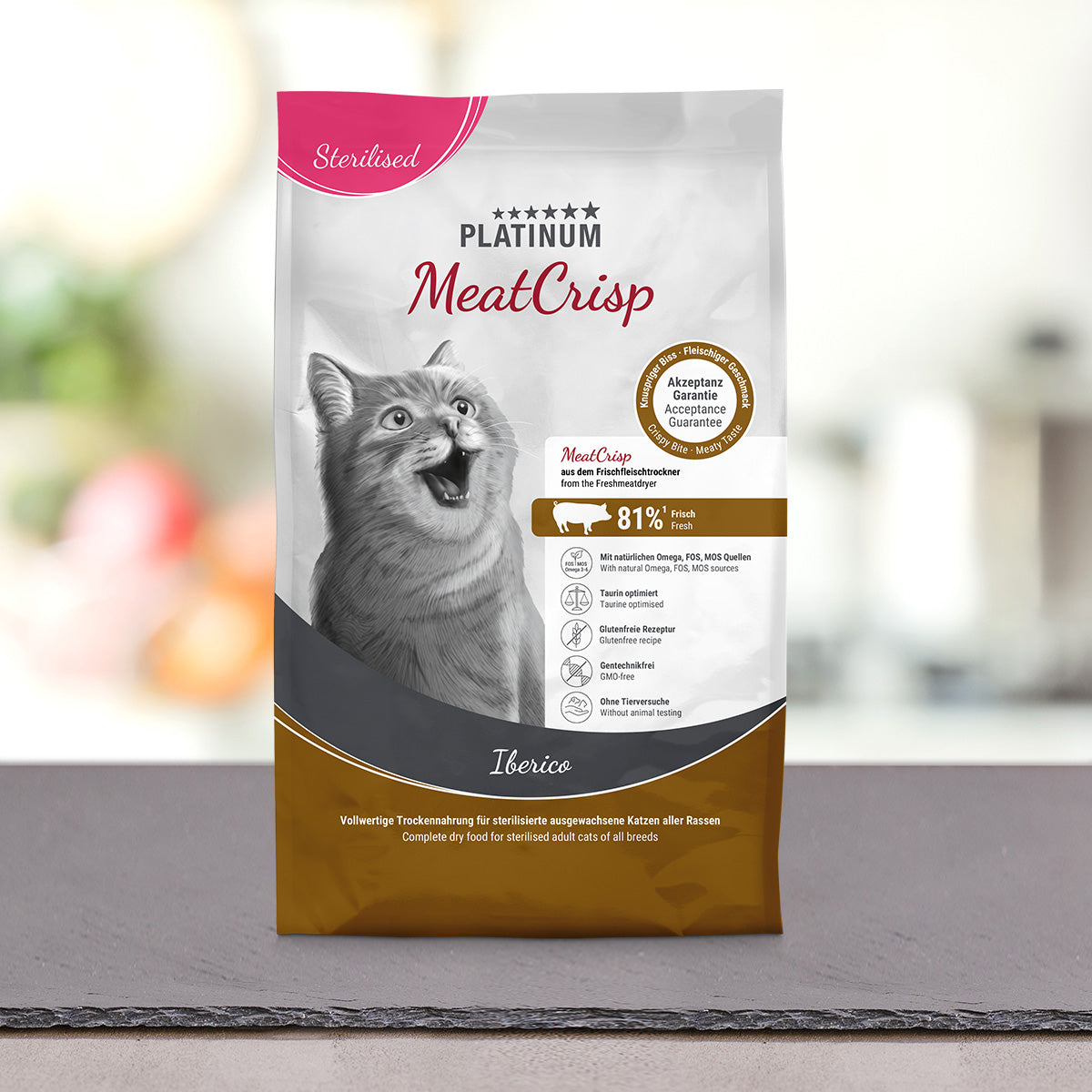 Vrečka PLATINUM MeatCrisp Sterilised Iberico 3 kg, suha hrana za mačke