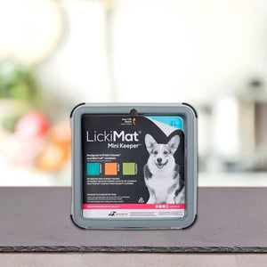 Zapakirana ploščica PLATINUM LickiMat® - BUDDY KEEPER držalo za LickiMat stoji na pultu. Na škatli so prikazani srečen korgi, podrobnosti o izdelku in zamegljen kuhinjski prizor v ozadju.