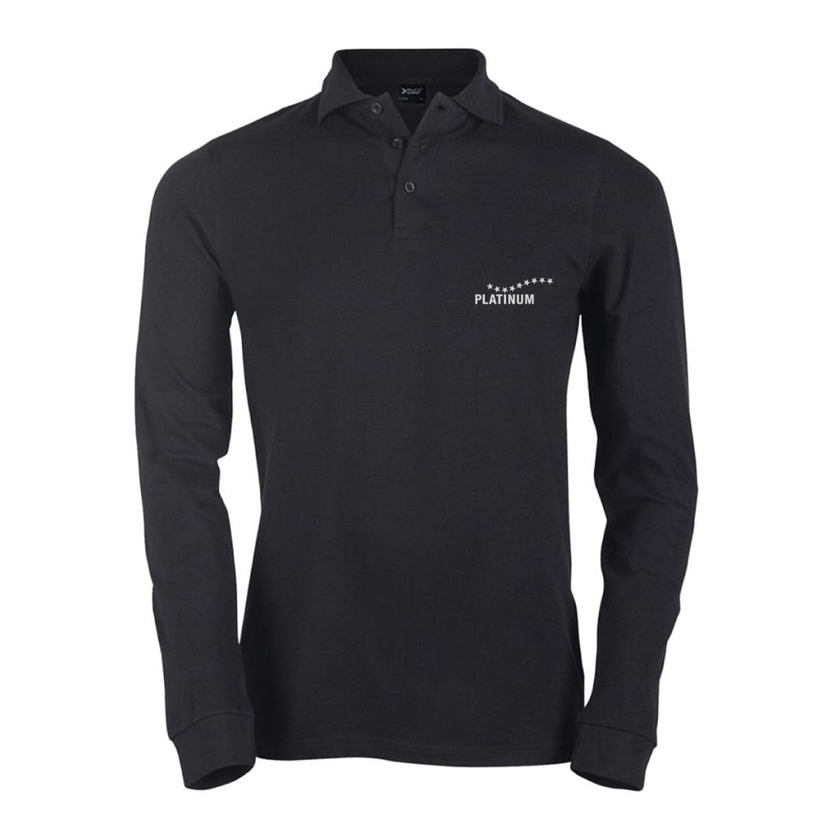 Črna ekskluzivna moška polo majica PLATINUM z dolgimi rokavi, ovratnikom in gumbi, z majhnim belim logotipom z zvezdami na levi strani-tvoja nagrada za zvestobo za udoben in eleganten videz ter brezčasno kakovost.