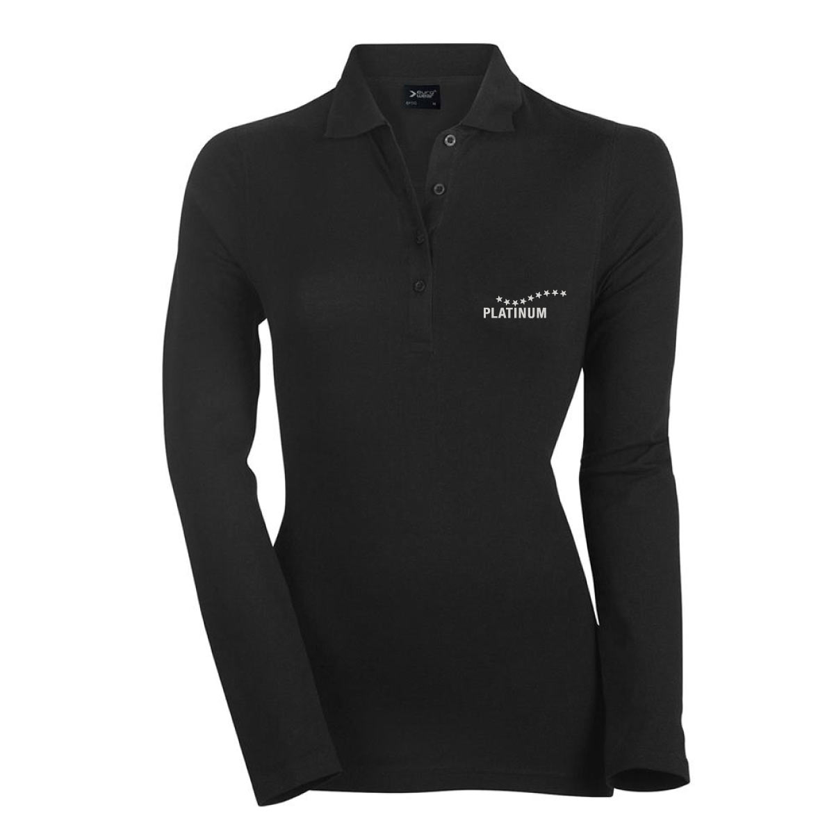 Ekskluzivna ženska polo majica z dolgimi rokavi PLATINUM v črni barvi, z belim napisom "Platinum" in izstopajočim zvezdastim motivom na prsih - popolna izbira za članice družine PLATINUM.