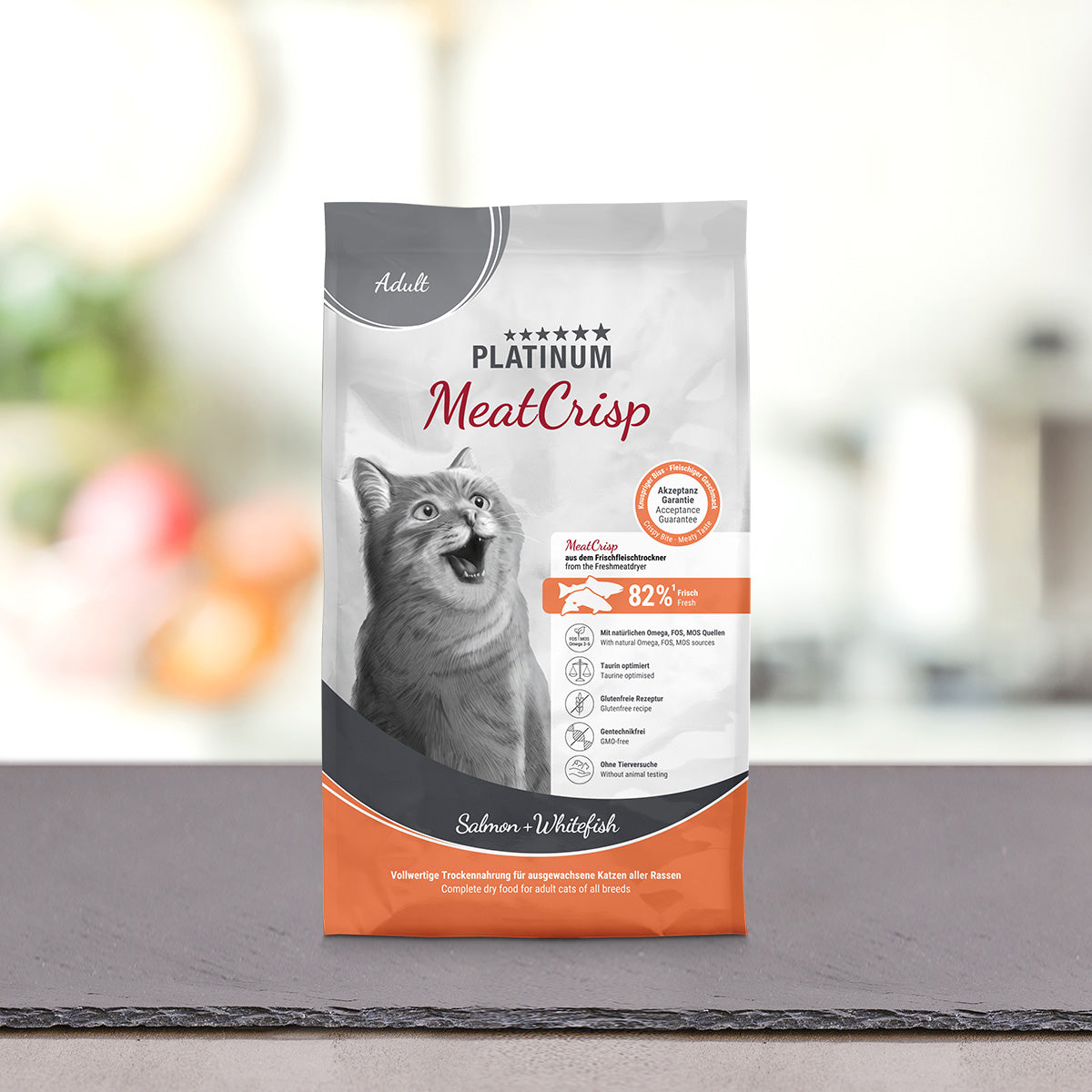 Vrečka PLATINUM MeatCrisp Adult Salmon + Whitefish 1,5 kg, suha hrana za mačke